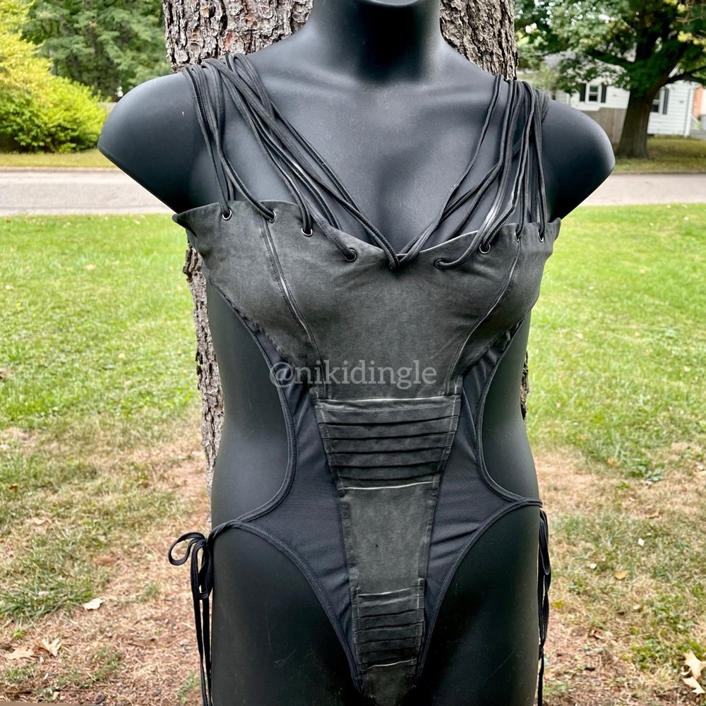 NEW Dolls Kill Darker Wavs Frequency Mesh body suit Punk Goth grey Distressed L